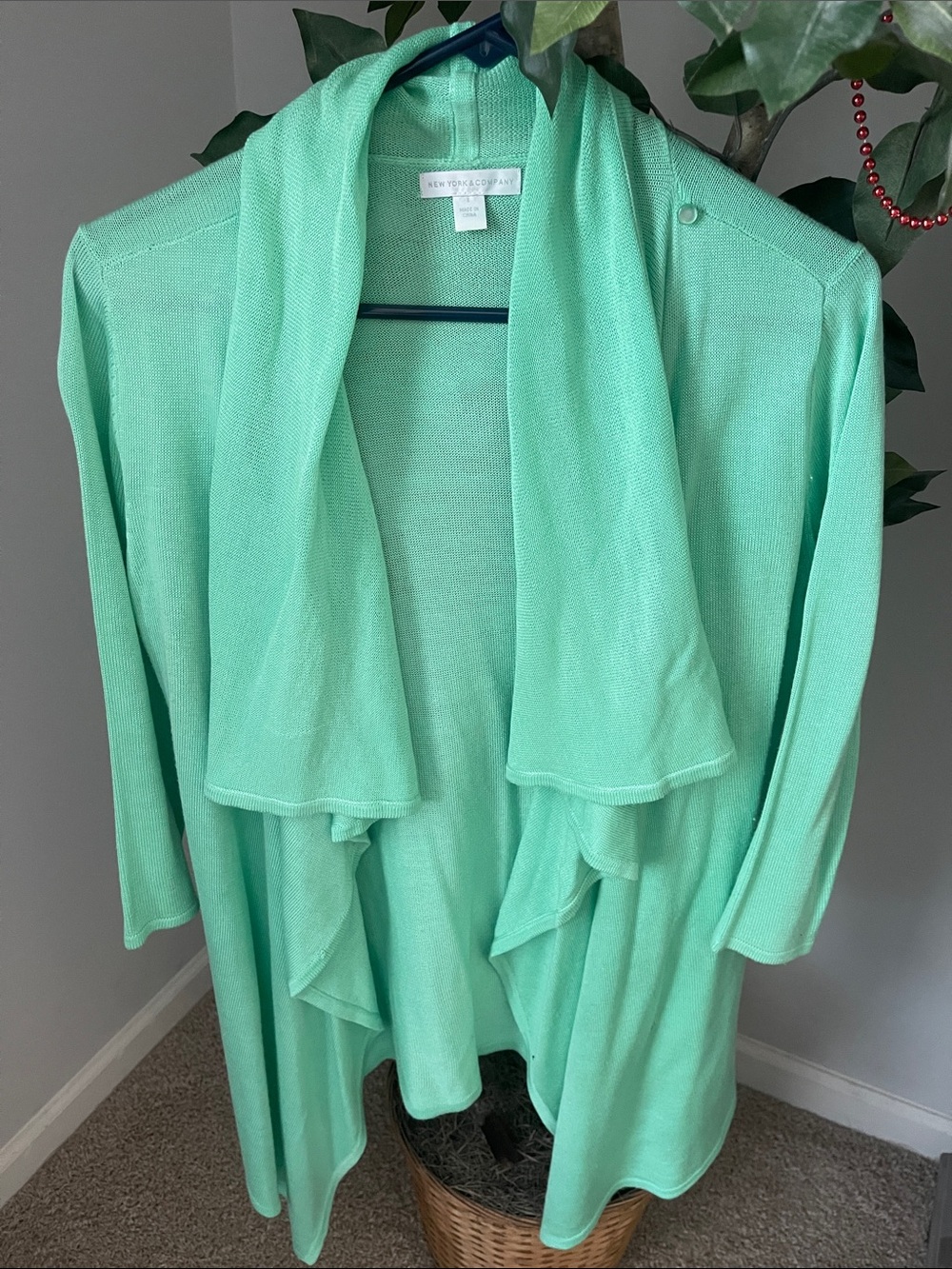 New York & Company Mint Open-Front Draped Cardigan